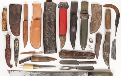 VINTAGE MACHETE, SHEATHS AND KNIFE PARTS GROUPING