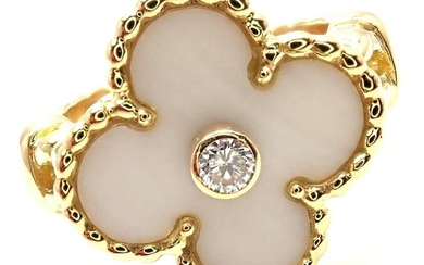 Van Cleef & Arpels Vintage Alhambra 18k Yellow Gold Diamond White Coral Ring
