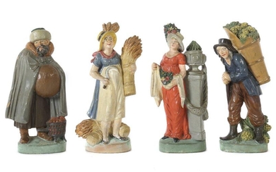 Vier Jahreszeiten E: Anton Sohn (1769 - 1840, church painter and manufacturer of terracottas from Zizenhausen), first half of the 19th century, orange-reddish shards, colourful painted, four figures, carrying attributes of the respective season, on...