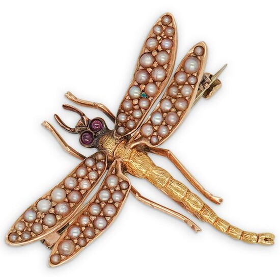 Vintage 14k Pearl & Ruby Dragonfly Brooch