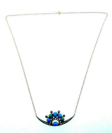 Vintage 14k Turquoise Diamond Rose Gold Necklace