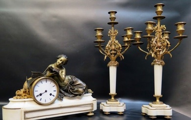 Vintage Early 19th Century Bronze & White Marble French Clock Set