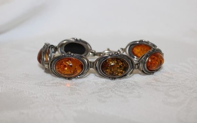 Vintage sterling silver amber bracelet 7"