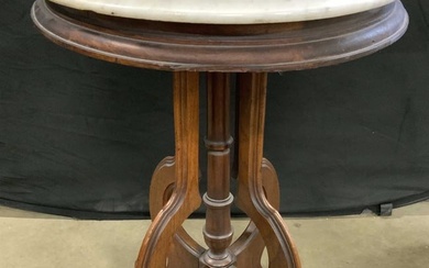 Vtg Carved Wood Pedestaled Marble Top Side Table