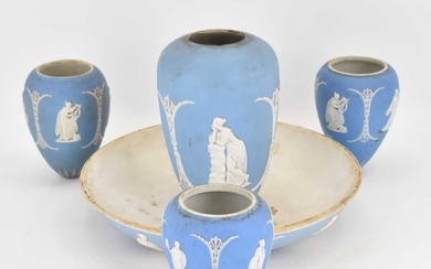 WEDGWOOD; five blue jasperware ceiling light fittings/parts, decorated with applied...