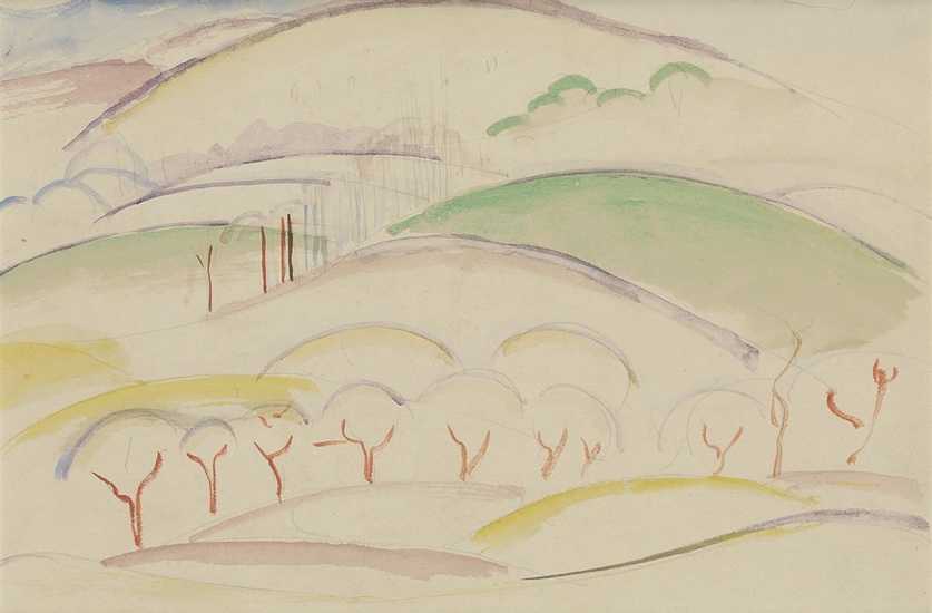 WILLIAM ZORACH Trees on a Hillside. Watercolor and pencil on paper, circa 1913....