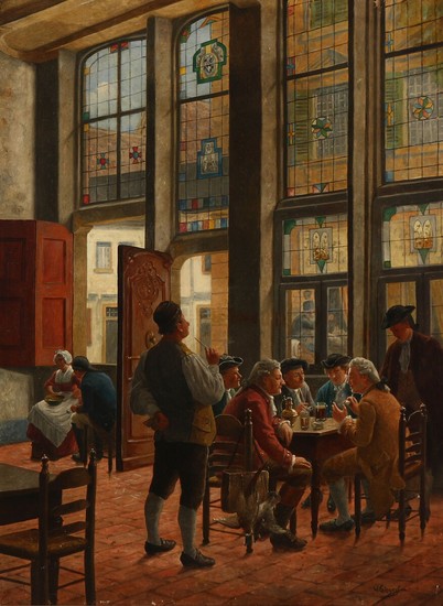 Wilhelm F. Giessel: Scene from a tavern. Signed W. Giessel. Oil on canvas. 100×73.5 cm.