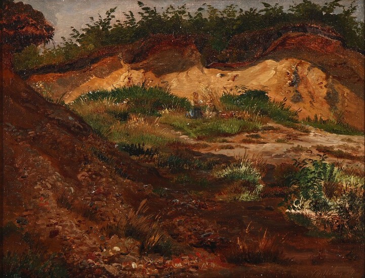 Wilhelm Zillen: Children playing in a gravel pit. Unsigned. Dated d. 11. Aug. 54. Oil on paper laid on cardboard. 27×36 cm.