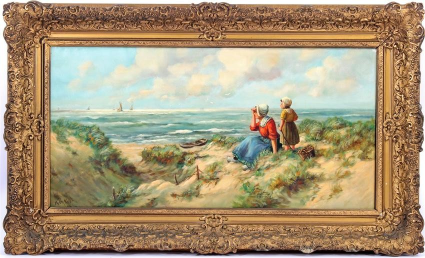 Woman and child in the dunes, overlooking the sea