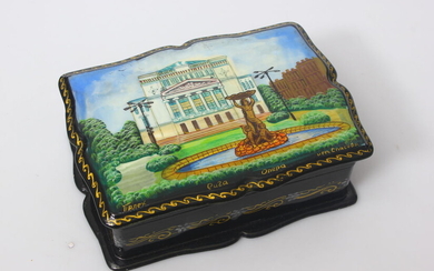 Wooden box with painting "Riga, National Opera" 21st century. Russia, Palekh style. Wood, hand painting. 6.5x17.5 cm