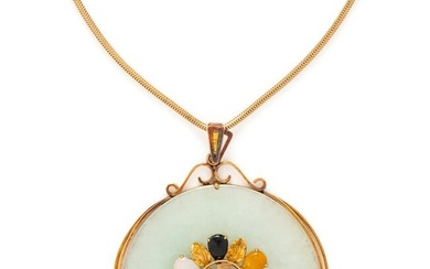 YELLOW GOLD AND MULTI-COLOR JADE PENDANT NECKLACE