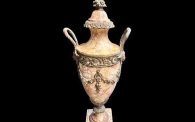 c1900 French Marble and gilt bronze Cassolette urn Empire style salmon colored