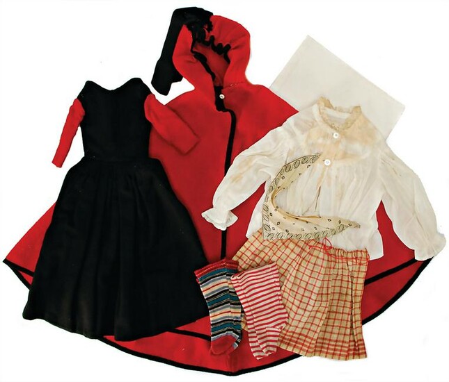 doll clothes, c. 1880, dress, coat, underwear, socks