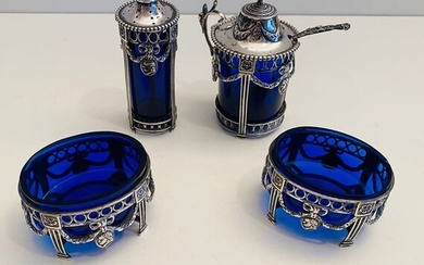 silver table set (4) - Silver, blue glass - Europe - First half 20th century