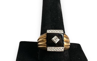 10kt Gold and Onyx Ring with White Gold Overlay and Diamond Accent