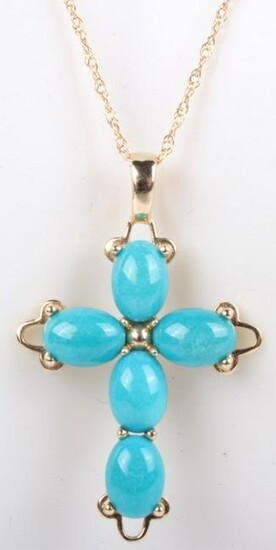14K YELLOW GOLD TURQUOISE CROSS NECKLACE