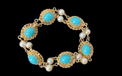 14K Yellow Gold, Turquoise and Pearl Bracelet