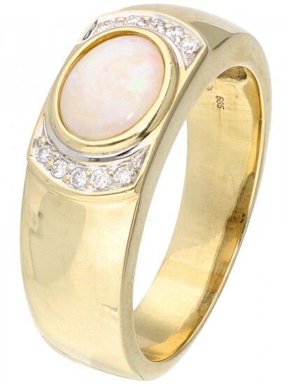 14K. Yellow gold band ring set with approx. 0.10 ct. diamond and white opal.