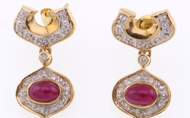 14k Gold Cabochon Natural Ruby & Diamond Post Earrings 4.5g