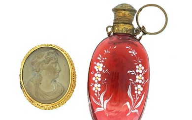 14k Gold Lava Cameo and Victorian Moser Painted Chatelaine Perfume...