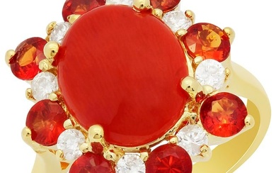 14k Yellow Gold 2.15ct Coral 1.42ct Orange Sapphire 0.35ct Diamond Ring