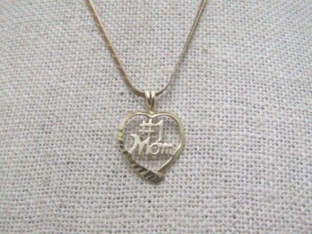 14kt #1 Mom Heart Necklace, 16", 1.5mm Herringbone