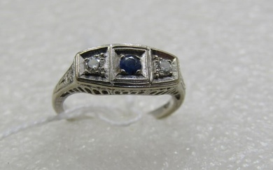 14kt Art Deco Filigree Sapphire Diamond Ring, Sz. 6.5, 1920's-1930's