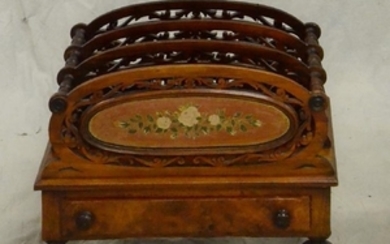 Victorian rosewood veneered canterbury with drawer
