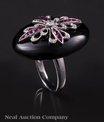18 kt. White Gold, Onyx, Ruby, and Diamond Ring