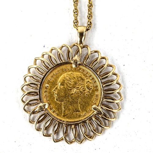 1876 gold full sovereign in 9ct gold pendant mount, on 9ct c...