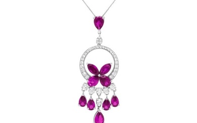 18K White Gold 1.00 Cttw Round Diamond And Red Ruby Openwork Floral Chandelier Drop 18" Pendant