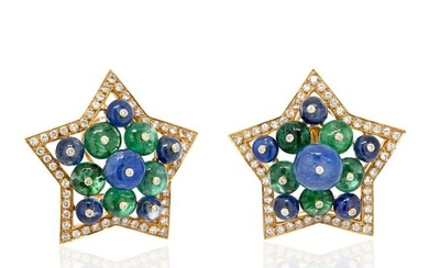 18K Yellow Gold Multicolor Sapphire Green Emerald And Diamond Star Earrings