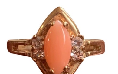 18KT Gold Plated Oval Shaped Coral Gemstone Inlaid with Austrian Crystal Ring