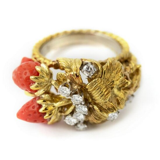 18k Gold Angel Skin Coral Strawberry Diamond Ring