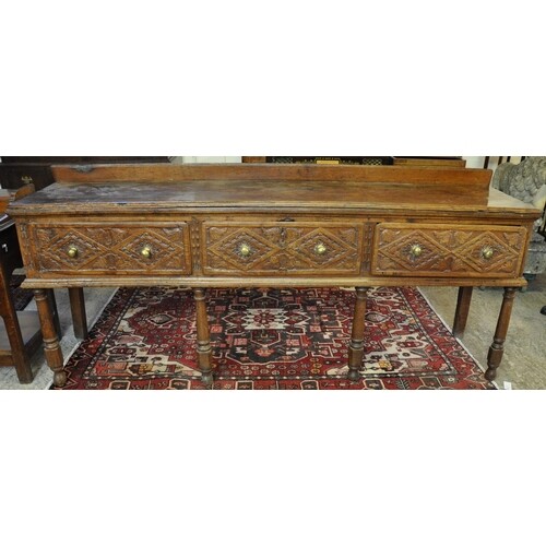 18th Century English oak and elm three drawer dresser base w...