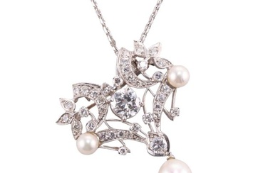 1950s 14k Gold Diamond Pearl Pendant Necklace