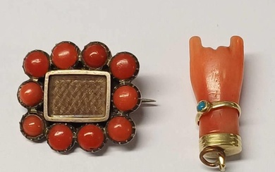 19TH CENTURY GOLD MOUNTED CORAL FIST PENDANT WITH TURQUOISE ...