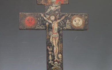 19th C. Mexican Painted Wood Animas Crucifix
