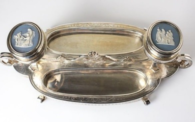 19th Century Silverplate Desk set Inkstand w/ Wedgwood medallions hand engraved