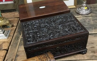 19th century Anglo-Indian carved and pierced box with finely pierced floral decoration, 34cm, Victorian rosewood veneered writing box with fitted interior and a Victorian dome topped and parquetry...