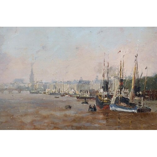 20th Century French School. Ships on the Seine, Paris, Oil o...