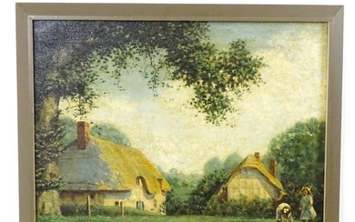 20th century, Oil on hessian canvas, A country scene with fi...