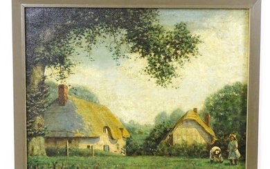 20th century, Oil on hessian canvas, A country scene with figures in a farmyard with thatched