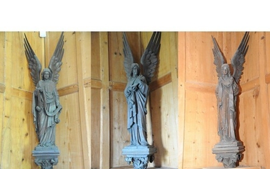 3 Victorian carved timber figures of angels, on foliate deco...