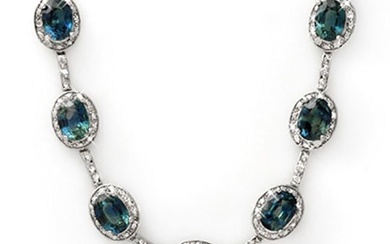 31.0 ctw Blue Sapphire & Diamond Necklace 14k White Gold
