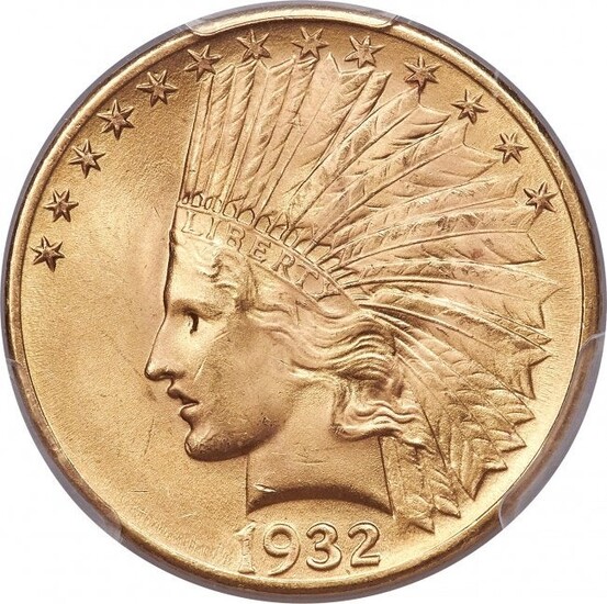 3486: 1932 $10 MS65+ PCGS. Intense, frosty yellow-gold