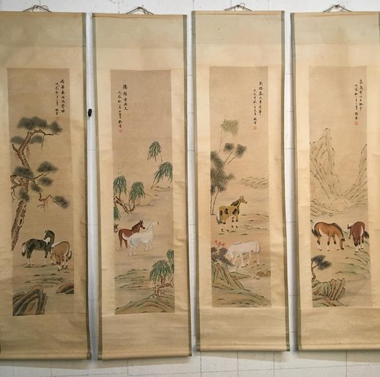 4 Pieces of Chinese Hanging Scroll of Horses, Yang Jin