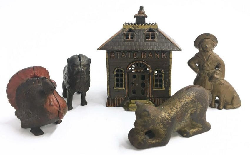 5 ANTIQUE CAST IRON STILL BANKS INC. BUSTER BROWN