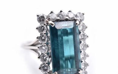 18k White Gold Blue/Green Tourmaline and Diamond Ring