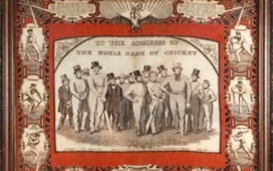 COMMEMORATIVE HANDKERCHIEF "TO THE ADMIRERS OF THE NOBLE GAME OF CRICKET" After an original watercolor drawing by Nicholas Felix. Re...